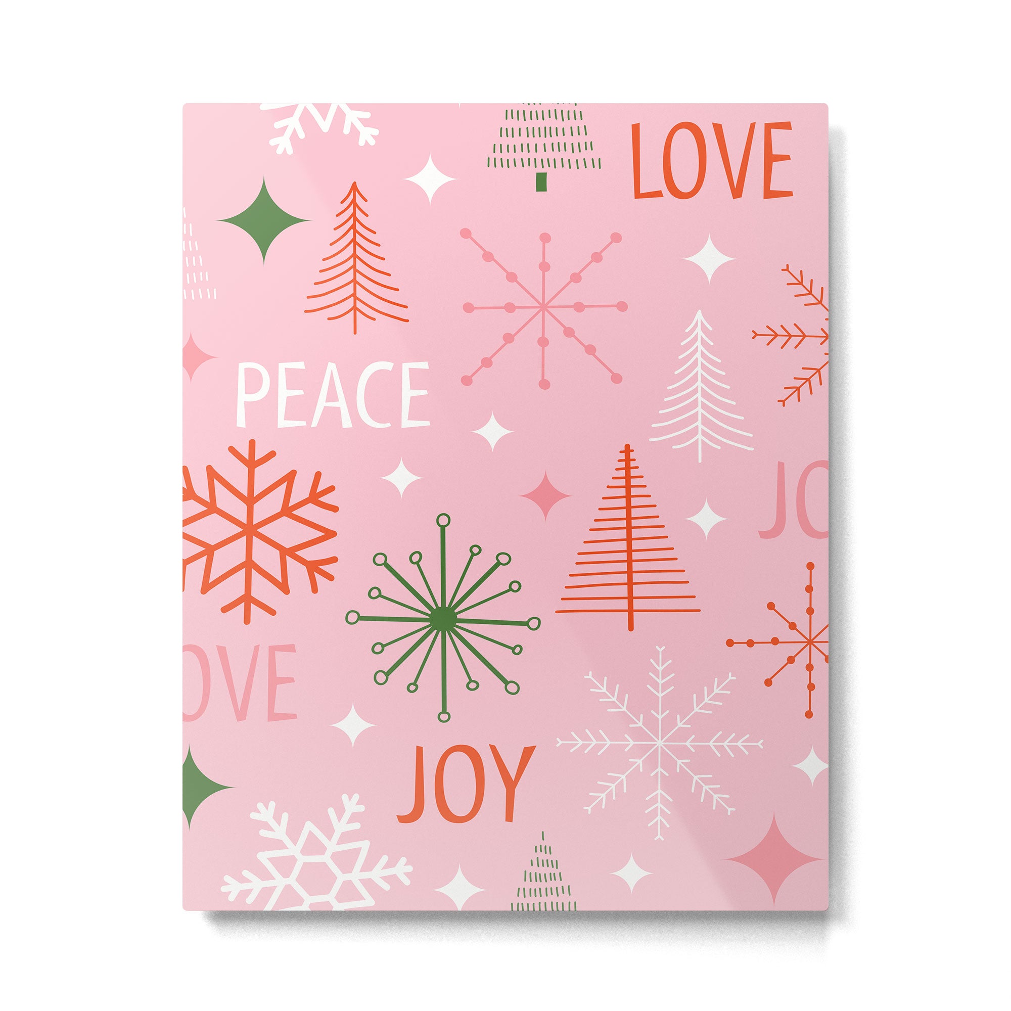 Mid-Century Christmas Peace Love Joy Pattern Pink Metal Print Gallery Image 6