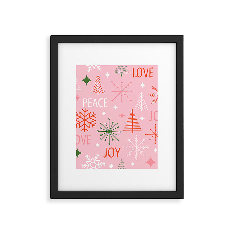 Mid-Century Christmas Peace Love Joy Pattern Pink Framed Art Print Gallery Image 6