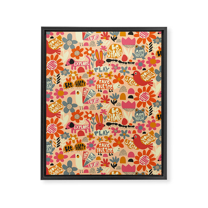 Playful Meadow Cute Animals with Motivational Affirmations - Bright and Warm Framed Canvas Print Gallery Image 1