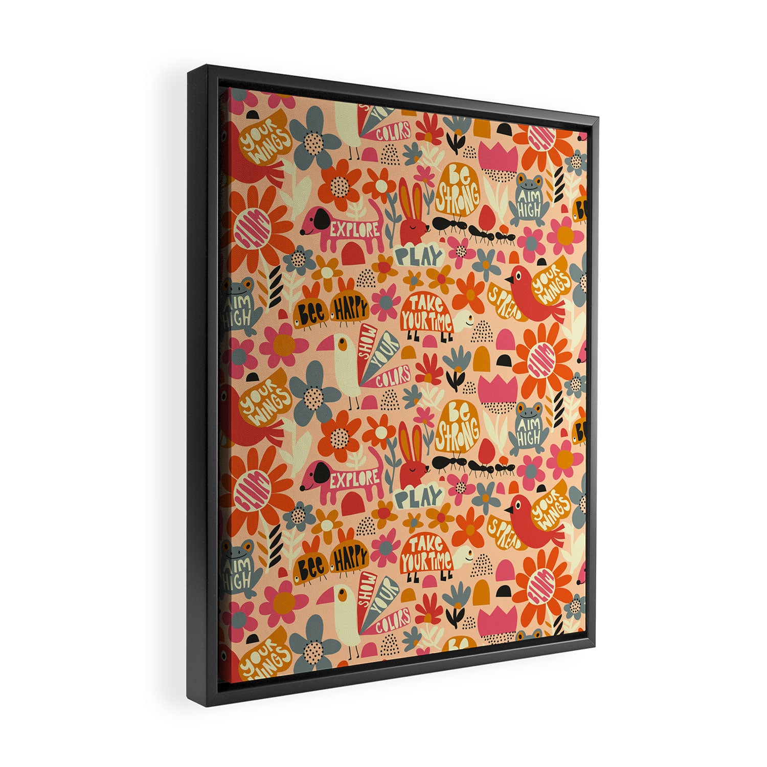 Playful Meadow Cute Animals with Motivational Affirmations - Bright and Warm Framed Canvas Print Gallery Image 2