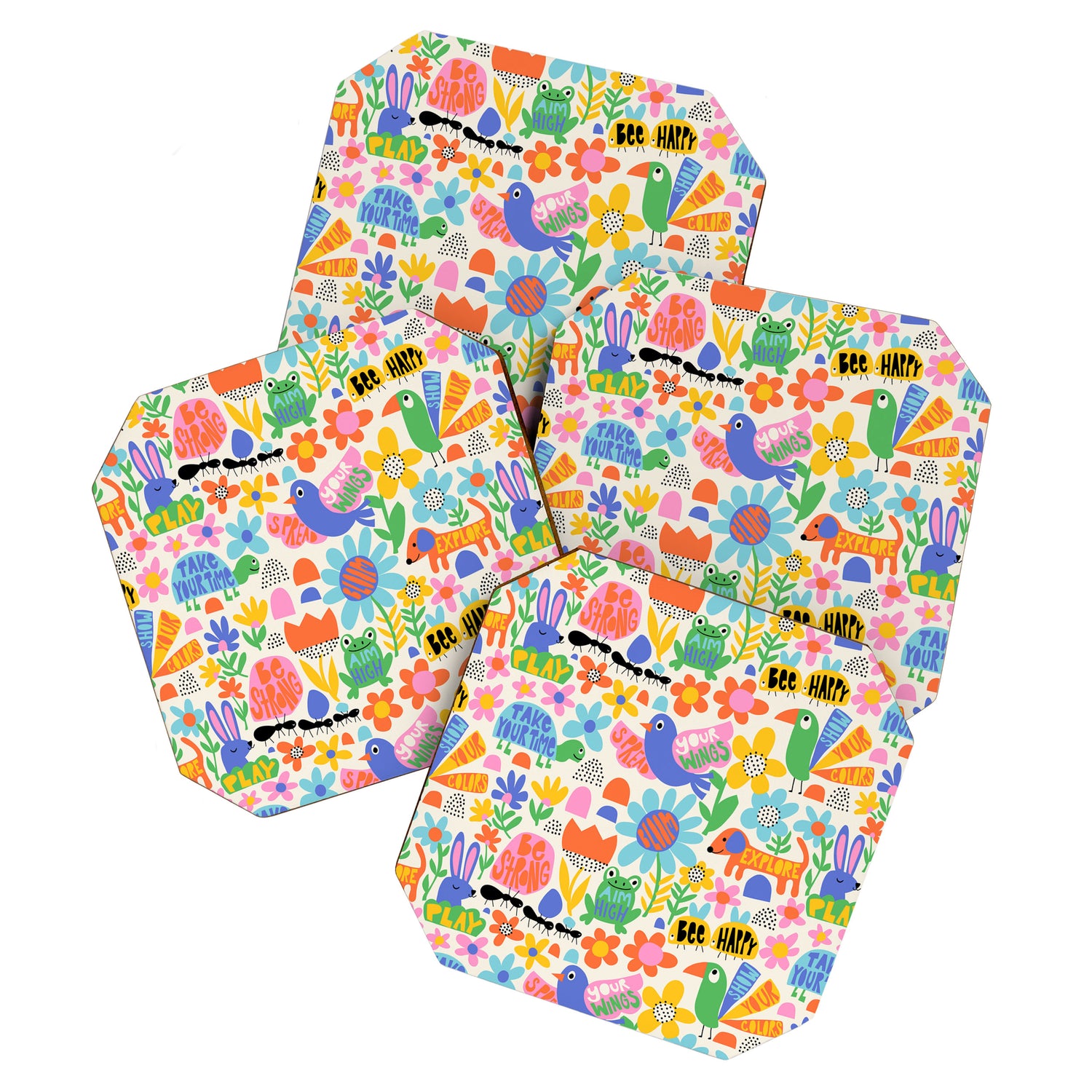 Playful Meadow Cute Animals with Motivational Affirmations - Bright Rainbow Coaster Gallery Image 1