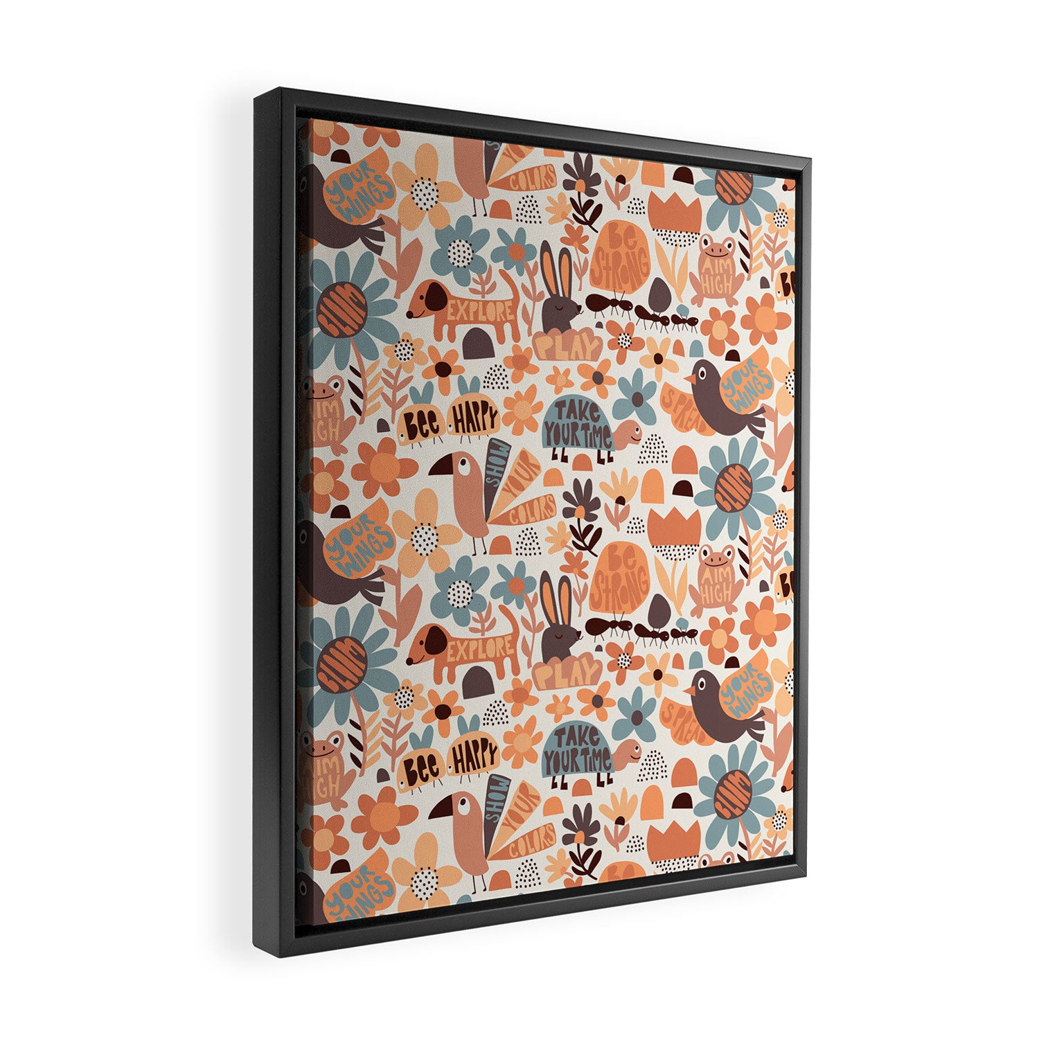 Playful Meadow Cute Animals with Motivational Affirmations - Groovy Flower Child Framed Canvas Print Gallery Image 2