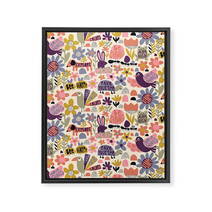 Playful Meadow Cute Animals with Motivational Affirmations - Soft Regal Framed Canvas Print Gallery Image 1