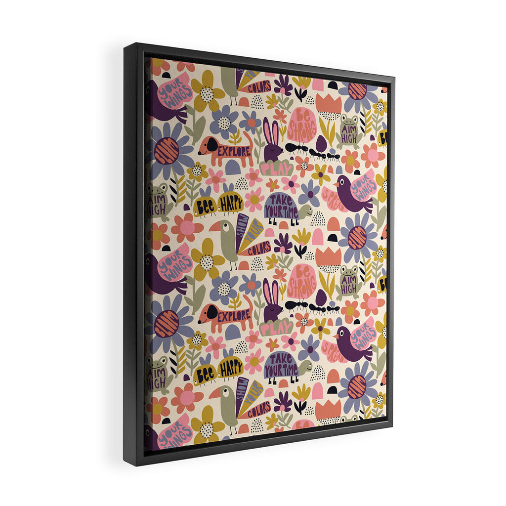 Playful Meadow Cute Animals with Motivational Affirmations - Soft Regal Framed Canvas Print Gallery Image 2