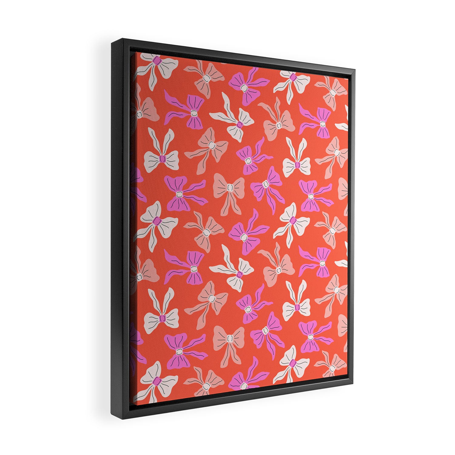 Playful Scattered Coquette Bows Vibrant Pink White Peach and Red Framed Canvas Print Gallery Image 2