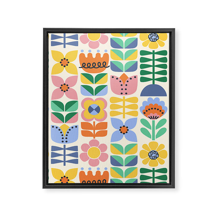 Retro Folk and Floral Colorful Pastel Flower Grid Cream Framed Canvas Print Gallery Image 1