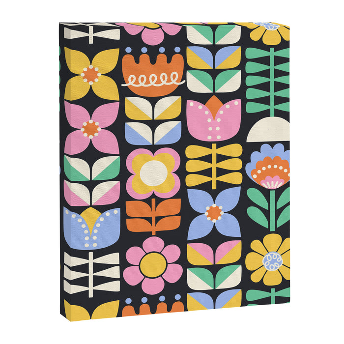 Retro Folk & Floral Colorful Pastel Flower Grid Black Canvas Print Gallery Image 1