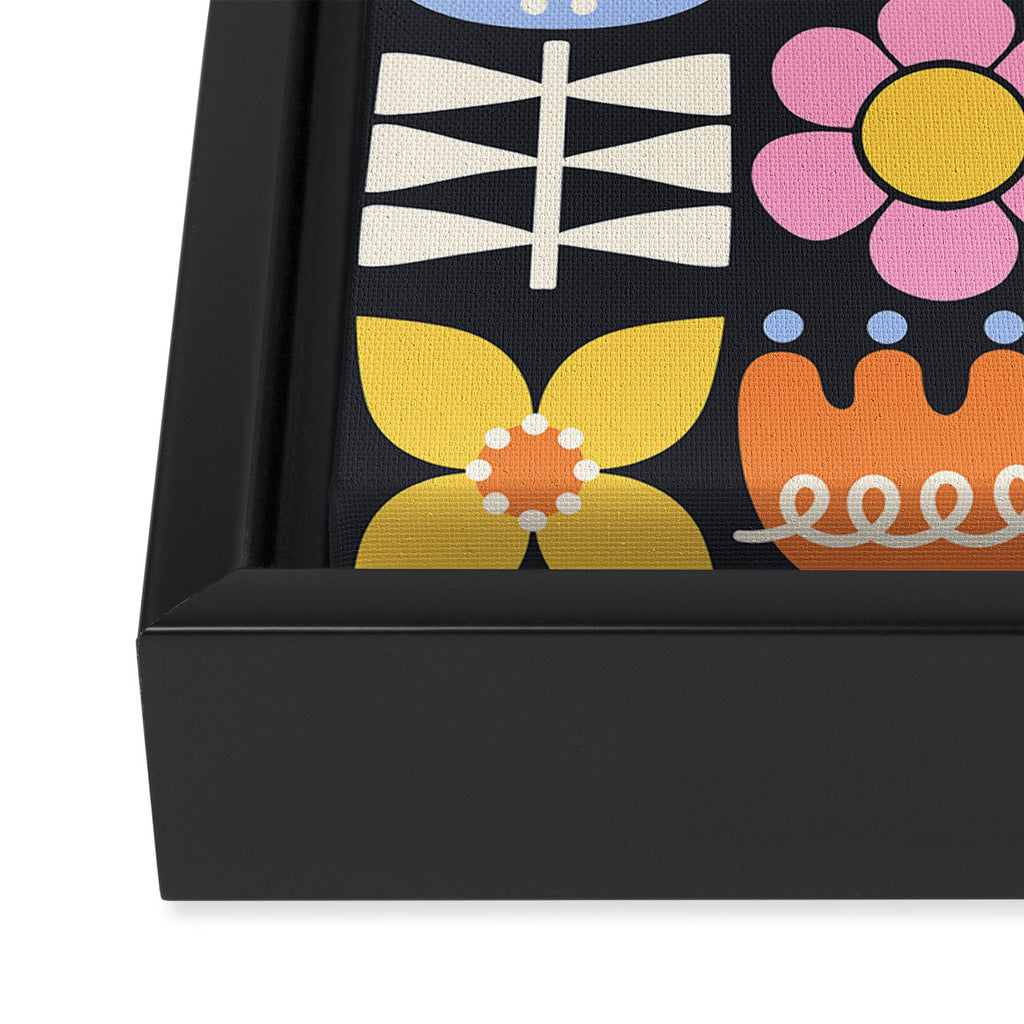 Retro Folk & Floral Colorful Pastel Flower Grid Black Framed Canvas Print Gallery Image 3