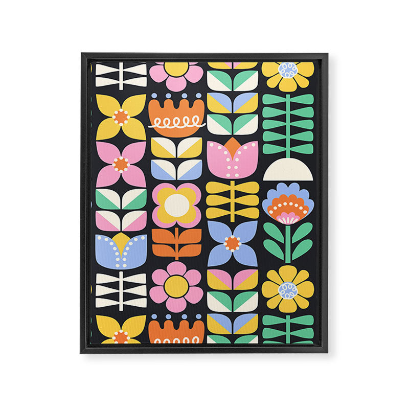 Retro Folk & Floral Colorful Pastel Flower Grid Black Framed Canvas Print Gallery Image 6