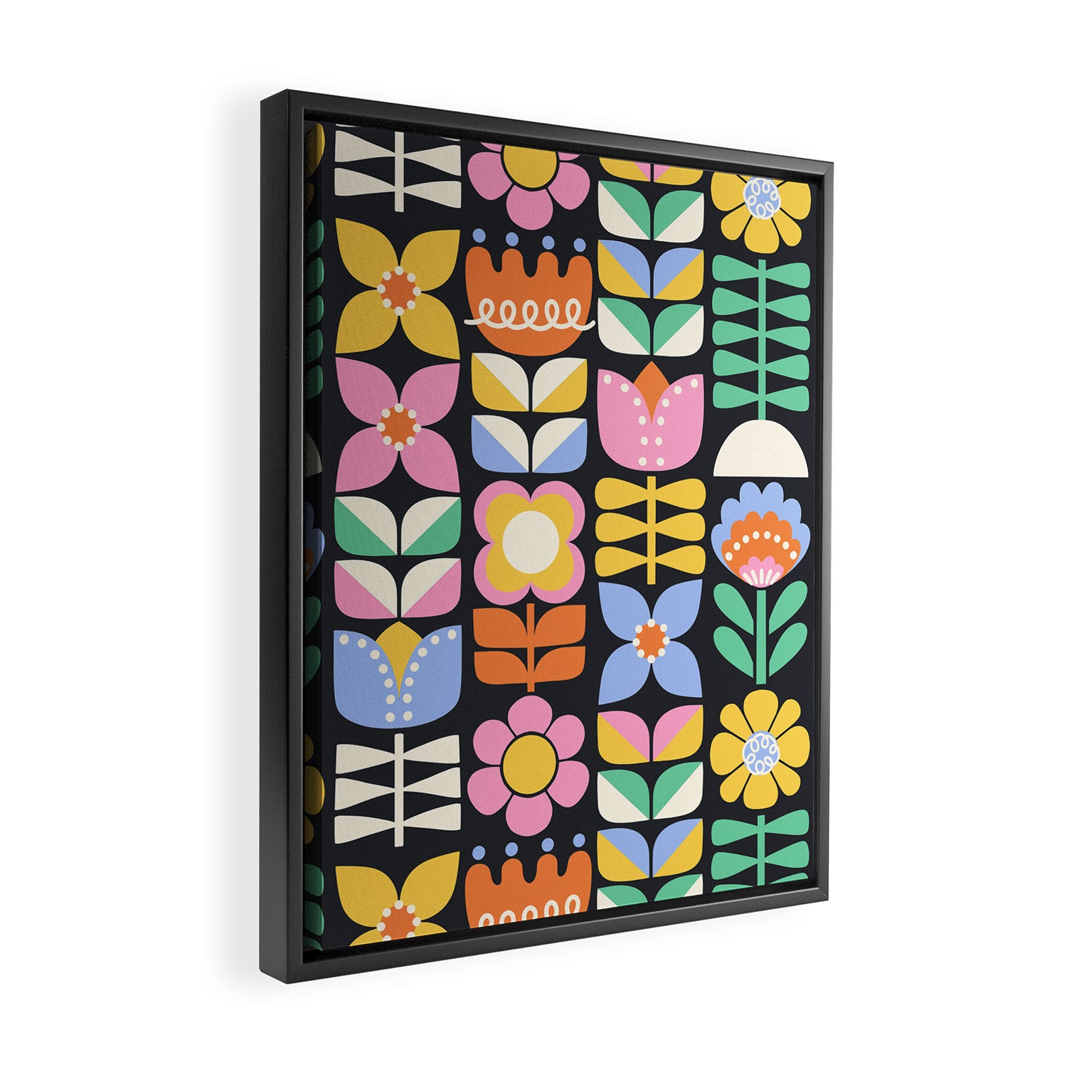 Retro Folk & Floral Colorful Pastel Flower Grid Black Framed Canvas Print Gallery Image 2