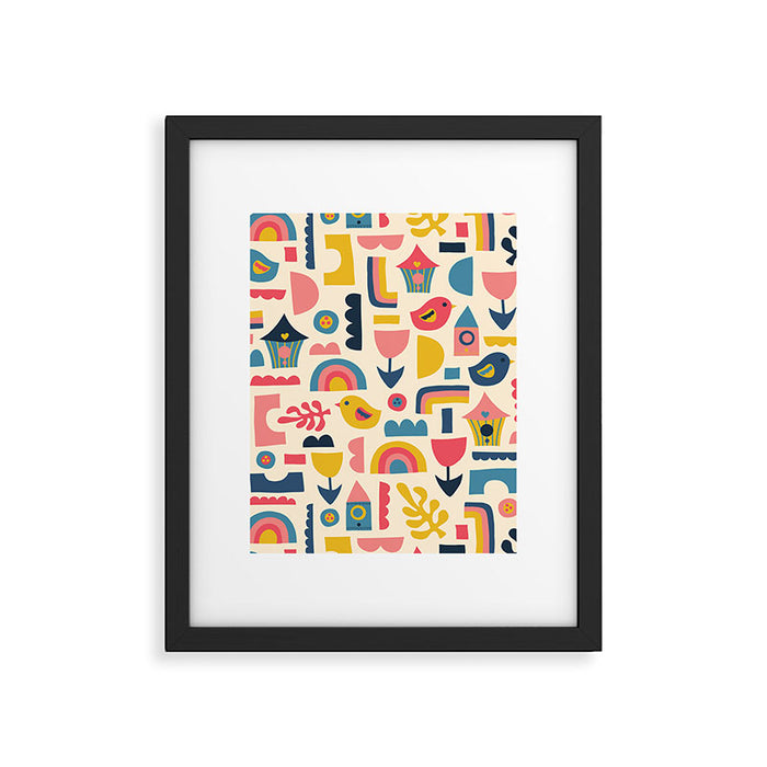 Scandinavian Birds Flowers Rainbows Kids Pattern Framed Art Print Gallery Image 1