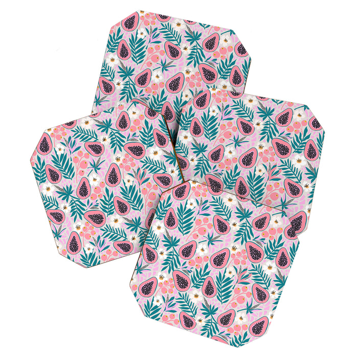 Tropical Pastel Papayas and Vibrant Palm Leaves Coaster Gallery Image 1