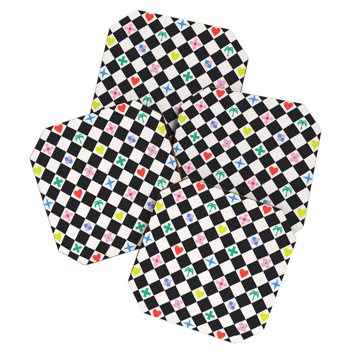 Tropical Vacation Symbols Black and White Harlequin Diamond Grid Coaster Gallery Image 1