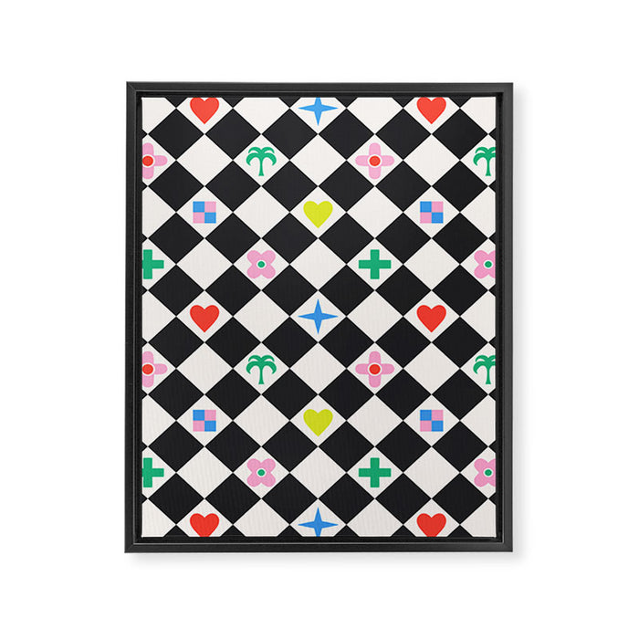 Tropical Vacation Symbols Black and White Harlequin Diamond Grid Framed Canvas Print Gallery Image 1