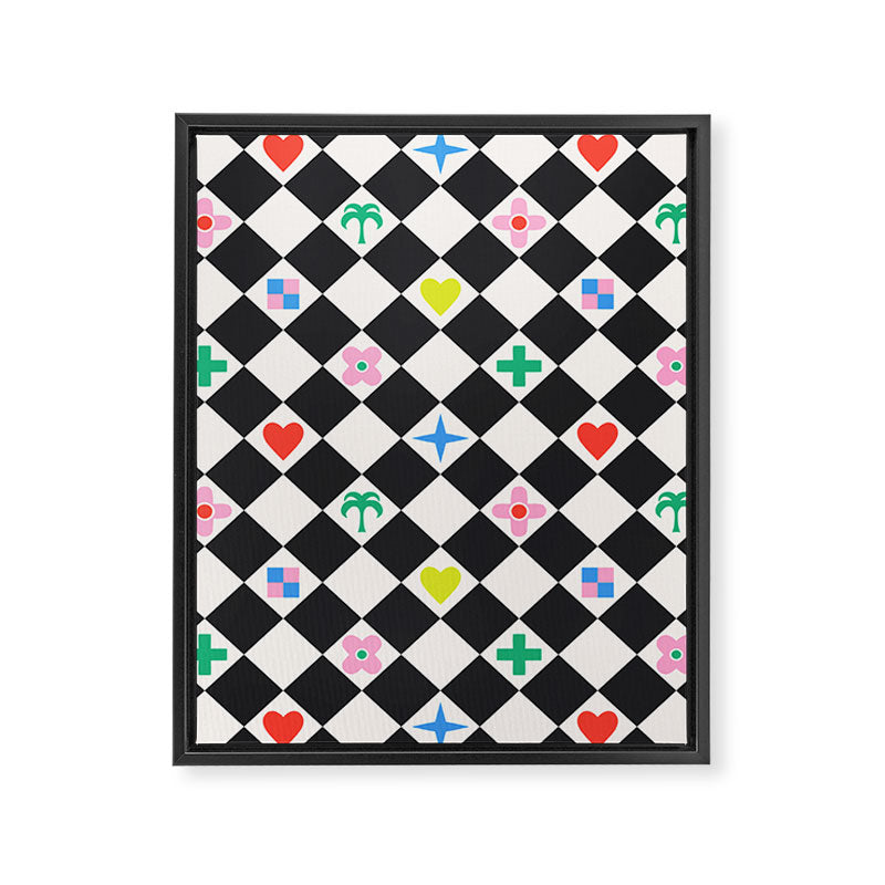 Tropical Vacation Symbols Black and White Harlequin Diamond Grid Framed Canvas Print Gallery Image 8