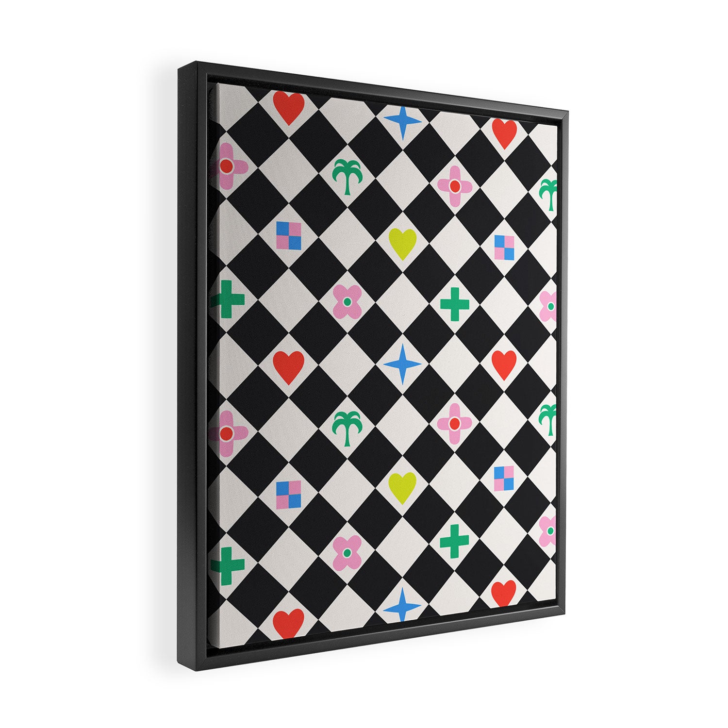 Tropical Vacation Symbols Black and White Harlequin Diamond Grid Framed Canvas Print Gallery Image 2