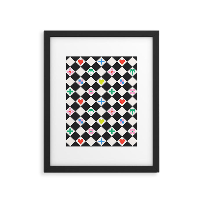 Tropical Vacation Symbols Black and White Harlequin Diamond Grid Framed Art Print Gallery Image 1