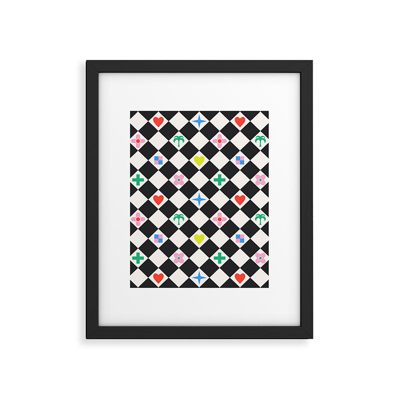 Tropical Vacation Symbols Black and White Harlequin Diamond Grid Framed Art Print Gallery Image 6