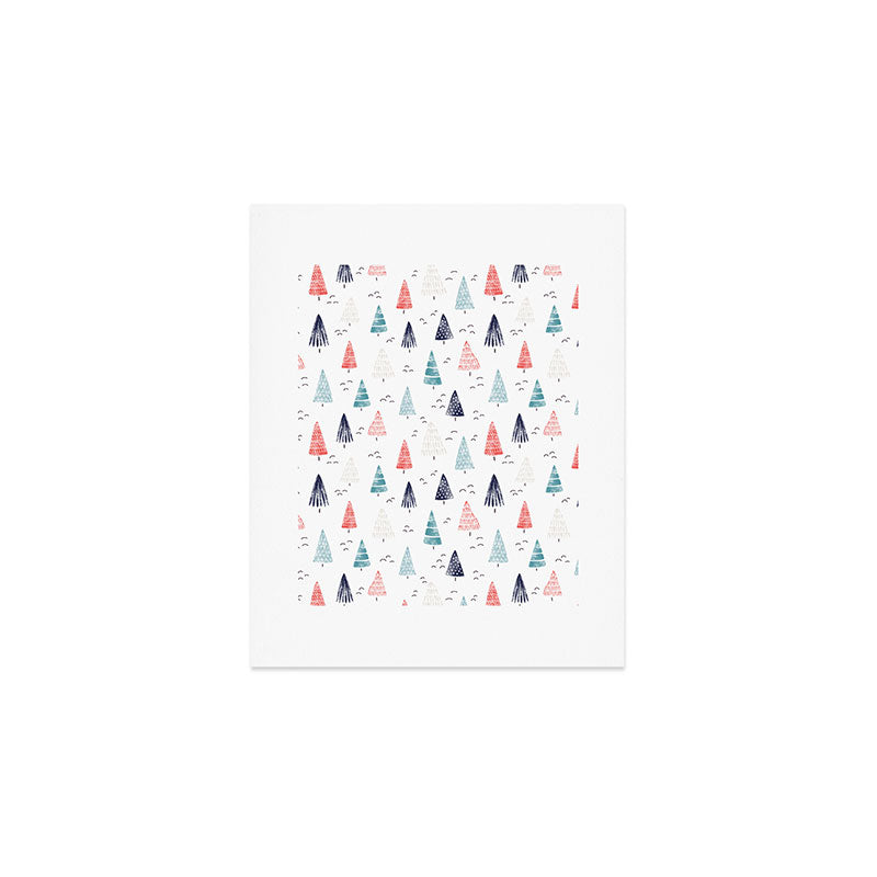 Watercolor Christmas Trees Blue Red Art Print Gallery Image 1