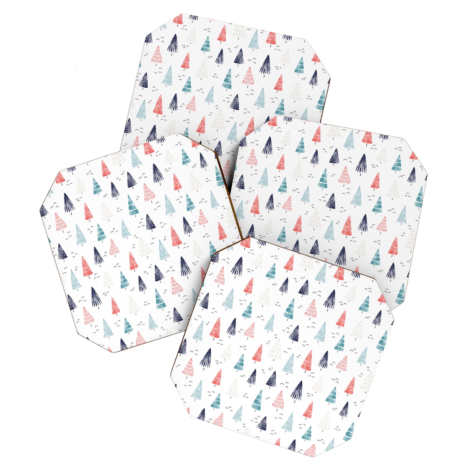 Watercolor Christmas Trees Blue Red Coaster Gallery Image 1
