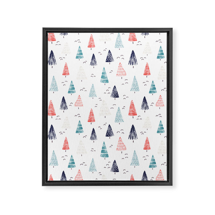 Watercolor Christmas Trees Blue Red Framed Canvas Print Gallery Image 1