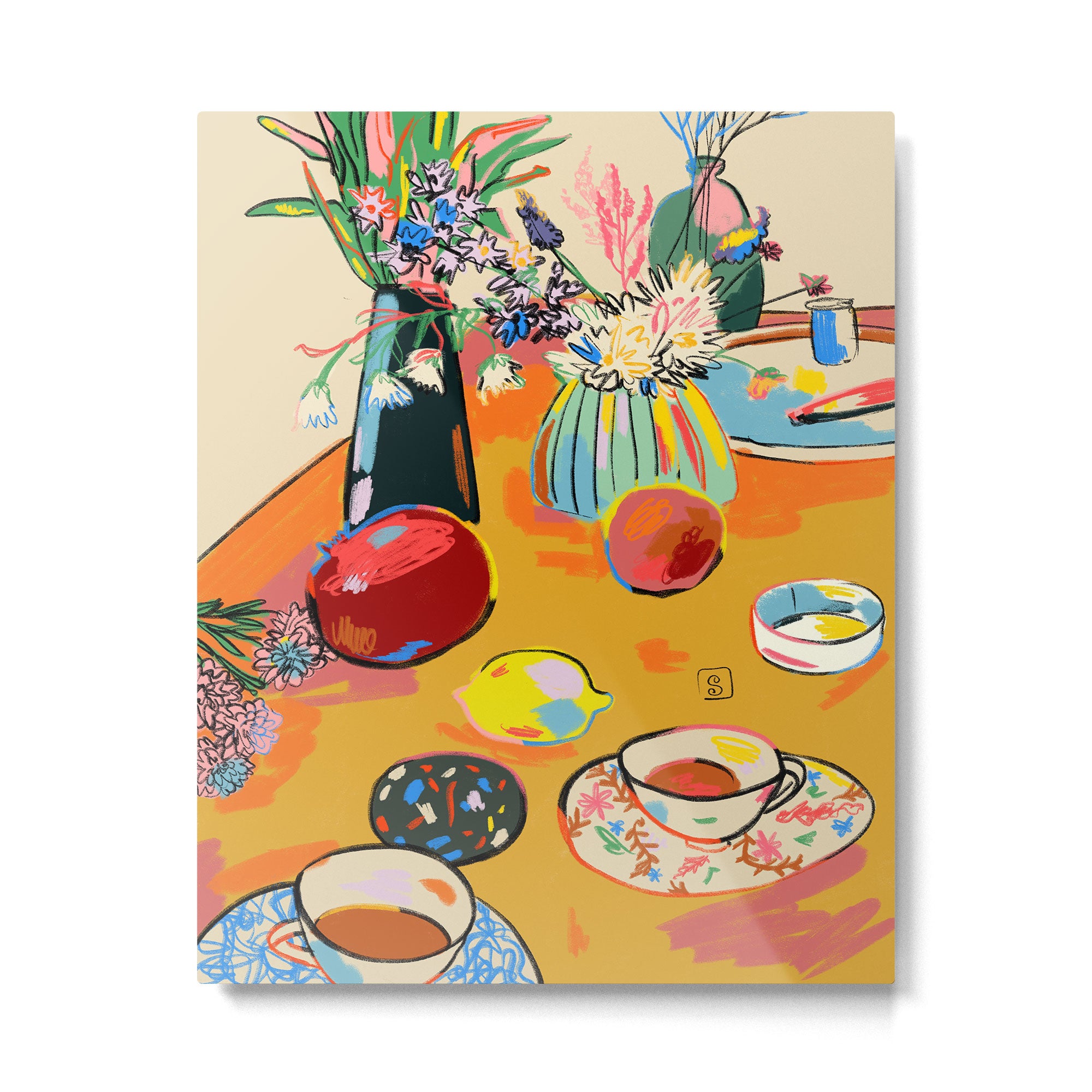 TEA AND FLOWERS AT HOME Metal Print Gallery Image 4
