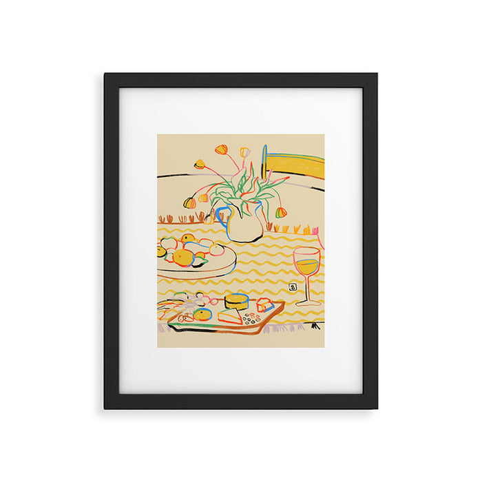 YELLOW TULIPS, WINE AND CHEESE Framed Art Print Gallery Image 1