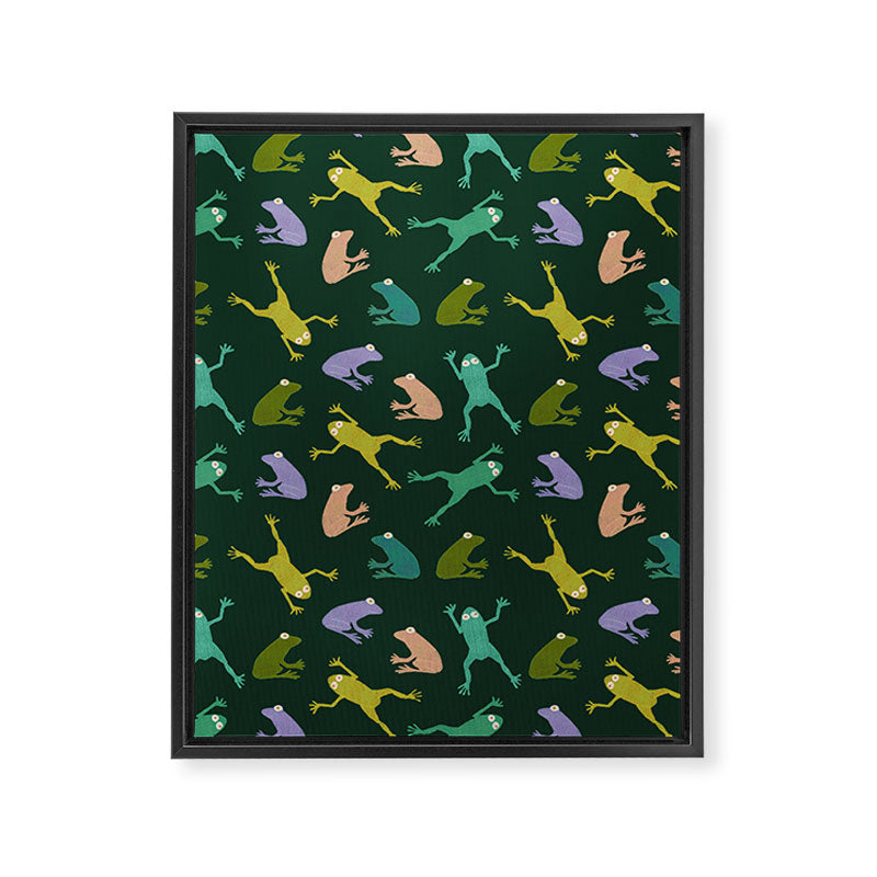 Frog party, fun frogs pattern dark Framed Canvas Print Gallery Image 8
