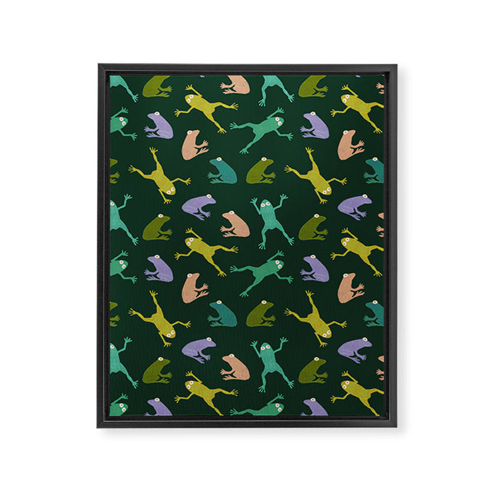 Frog party, fun frogs pattern dark Framed Canvas Print Gallery Image 1