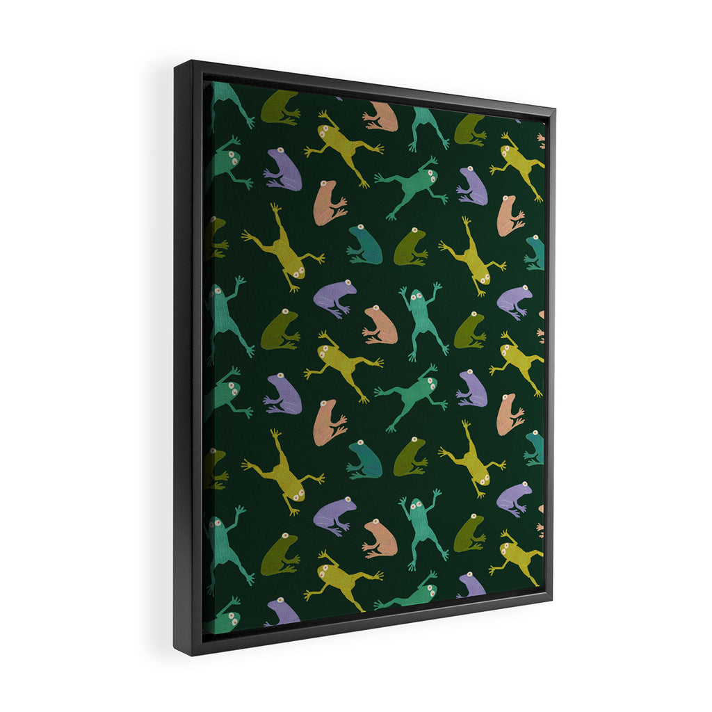 Frog party, fun frogs pattern dark Framed Canvas Print Gallery Image 2
