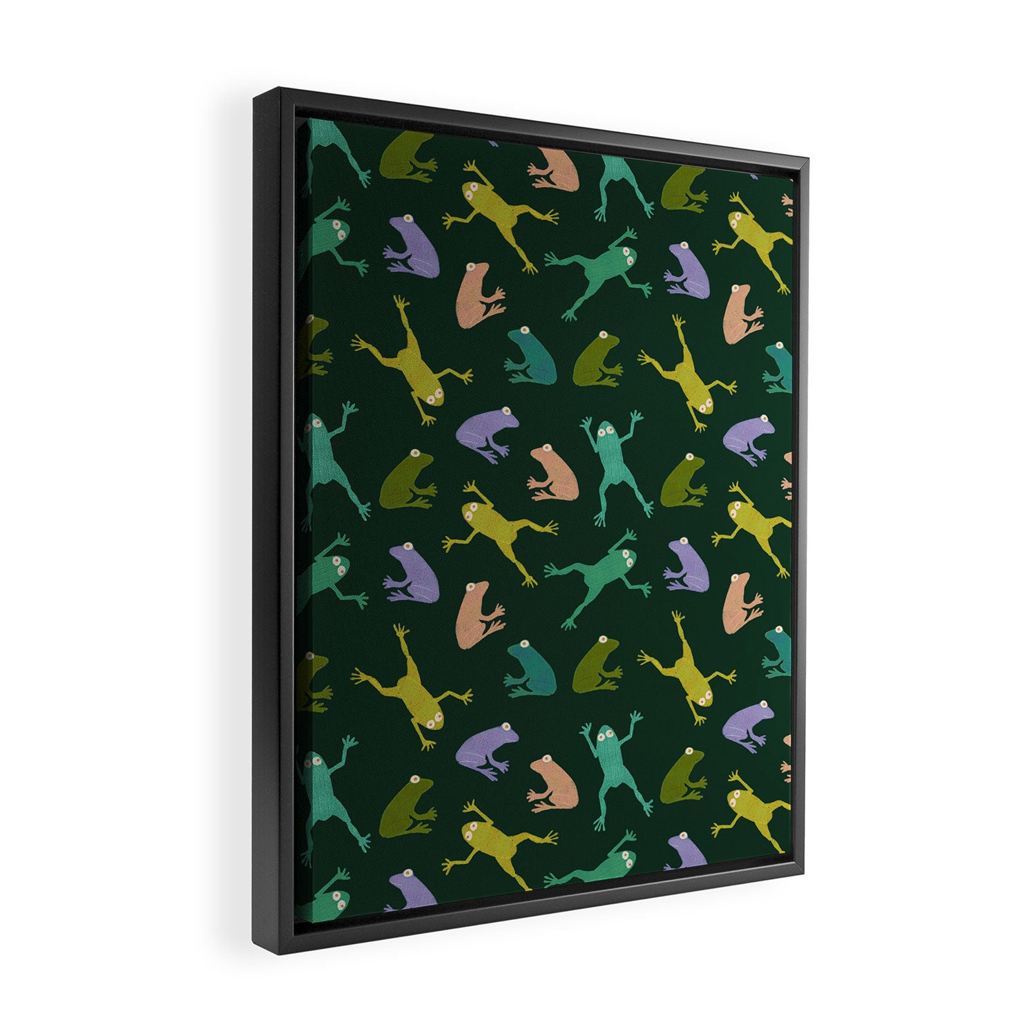 Frog party, fun frogs pattern dark Framed Canvas Print Gallery Image 2