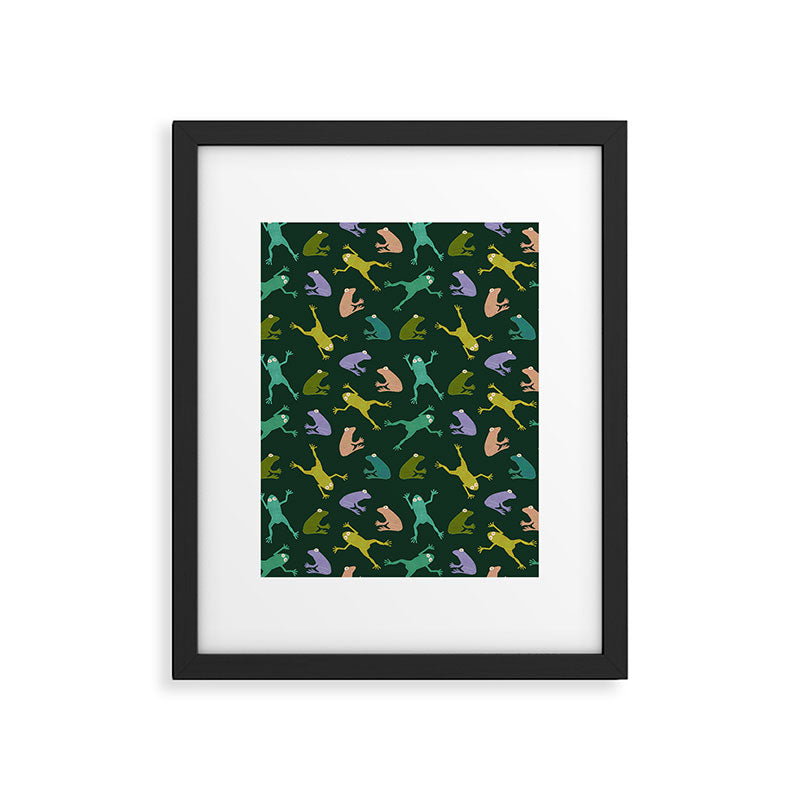 Frog party, fun frogs pattern dark Framed Art Print Gallery Image 6