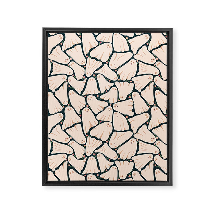 Little ghosts and flowers halloween pattern Framed Canvas Print Gallery Image 1