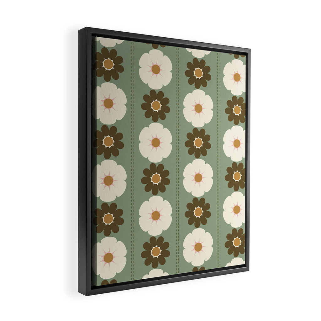 Retro floral pattern, 60s, 70s, style, in sage green Framed Canvas Print Gallery Image 2