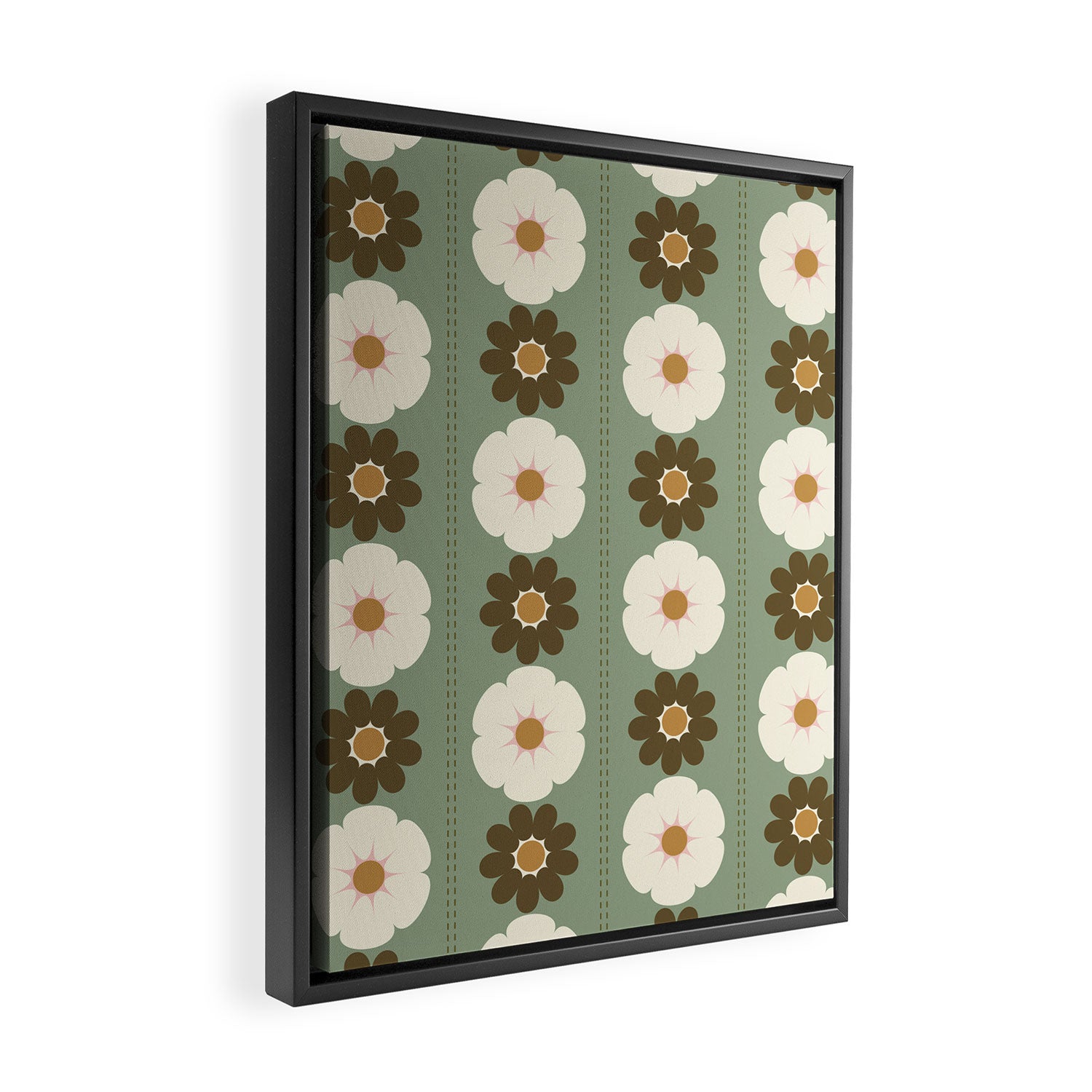 Retro floral pattern, 60s, 70s, style, in sage green Framed Canvas Print Gallery Image 2
