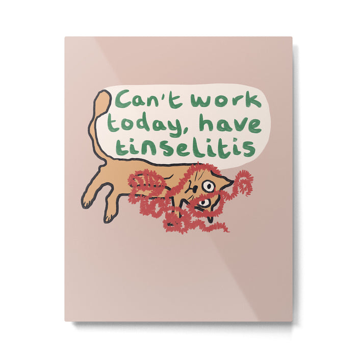 Tinselitis funny Christmas cat drawing Metal Print Gallery Image 1
