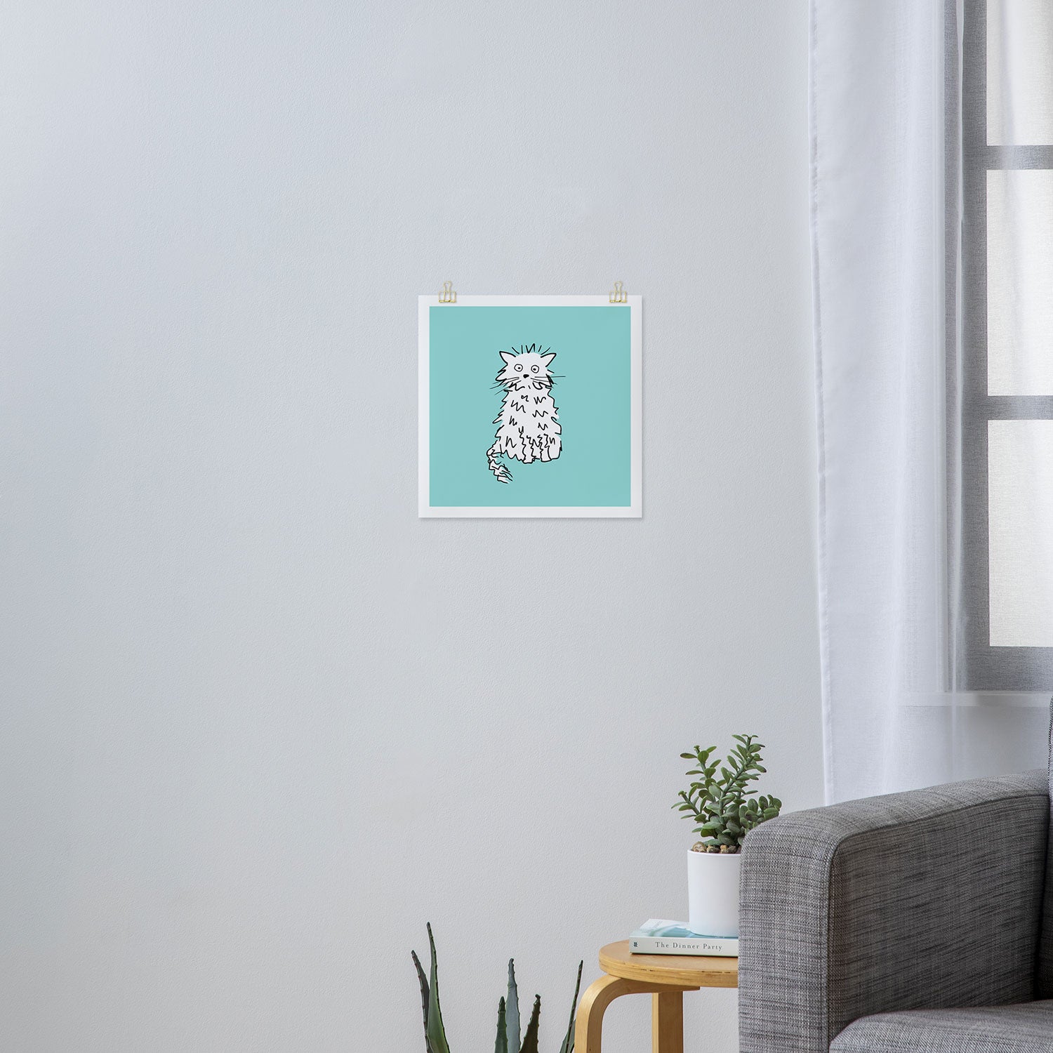 White cat blue Art Print Gallery Image 3