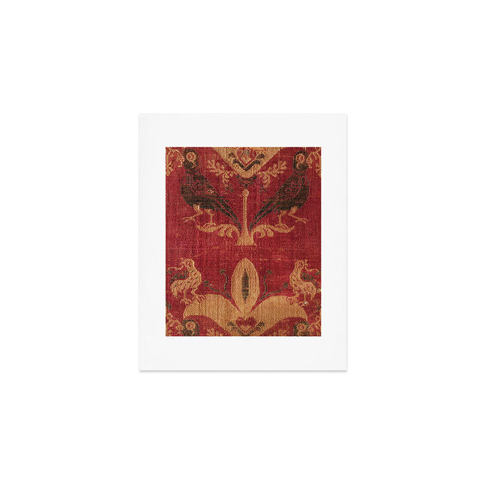 Antique Distressed Red Silk with Palmettes and Birds Art Print Gallery Image 1