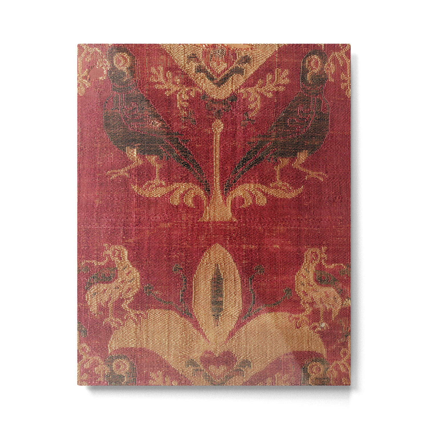 Antique Distressed Red Silk with Palmettes and Birds Metal Print Gallery Image 6