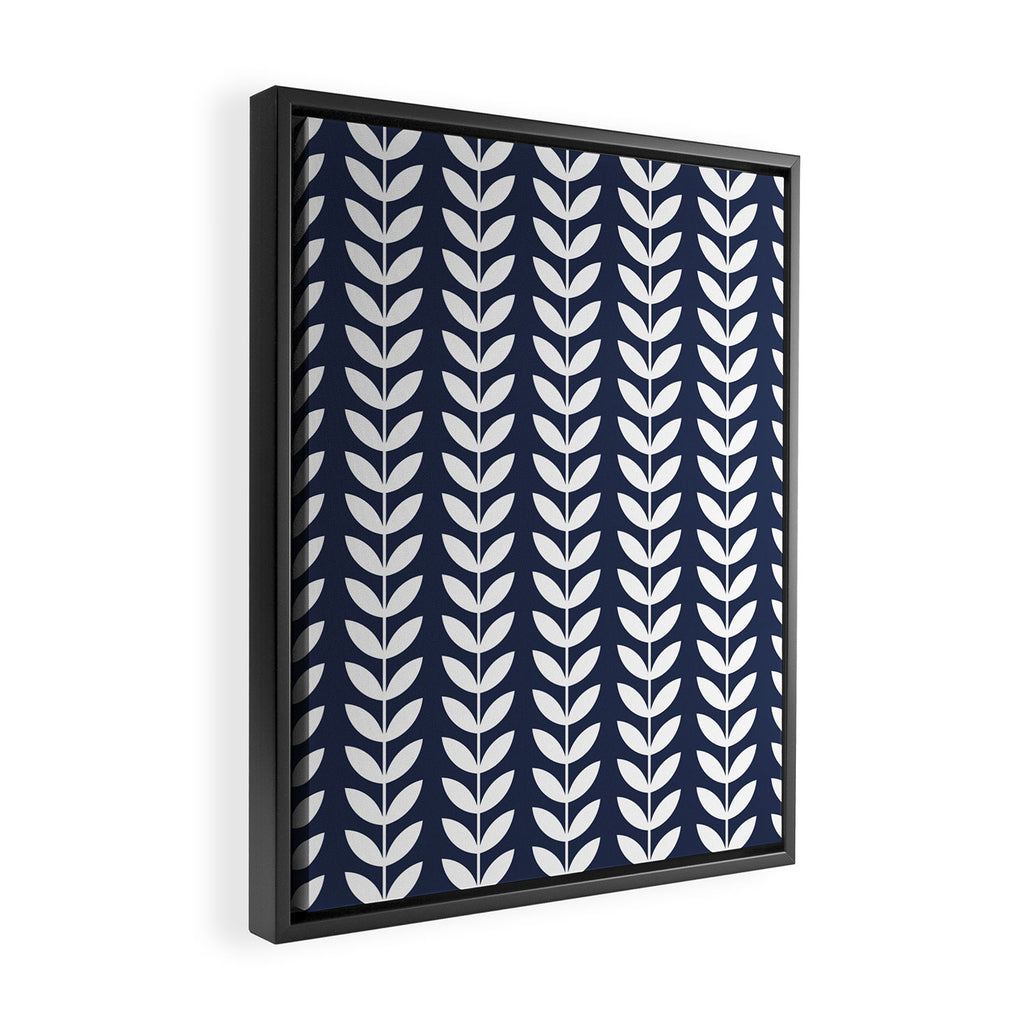 Navy Blue and White Scandinavian leaves pattern Framed Canvas Print Gallery Image 2