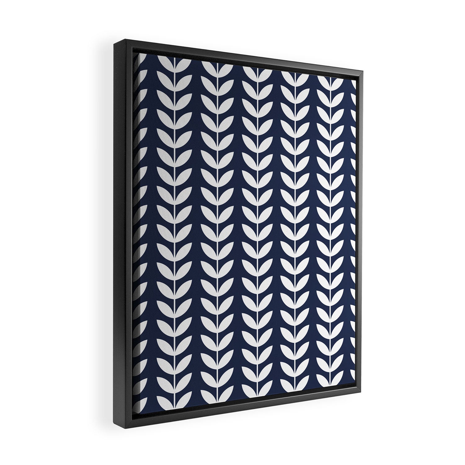 Navy Blue and White Scandinavian leaves pattern Framed Canvas Print Gallery Image 2