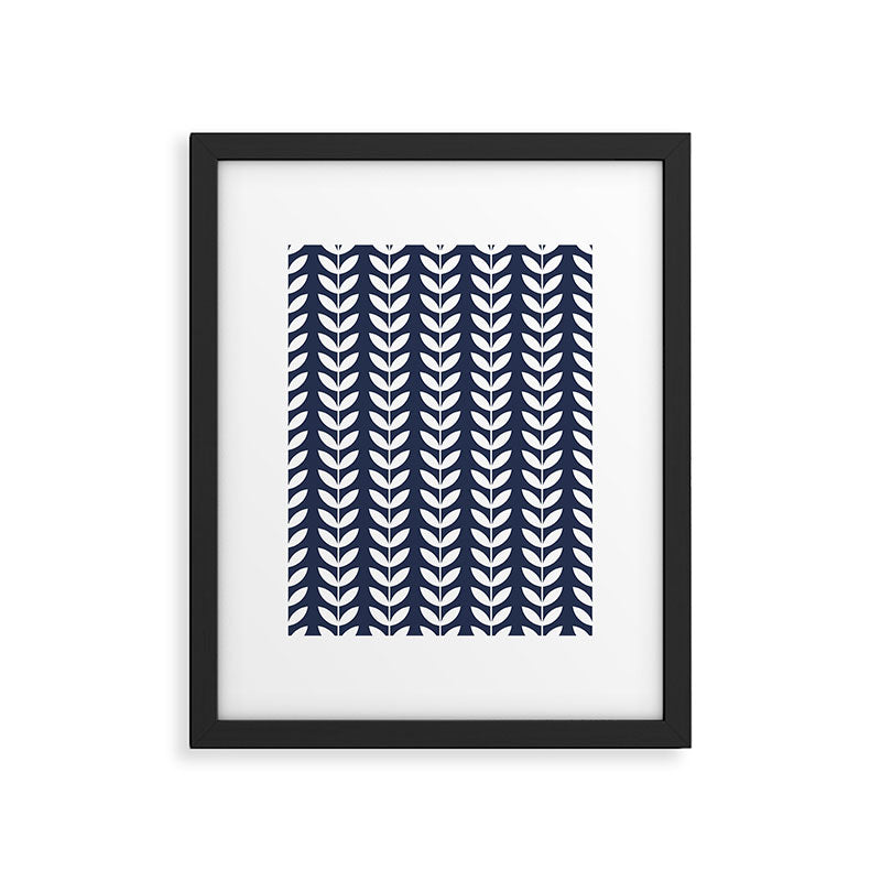 Navy Blue and White Scandinavian leaves pattern Framed Art Print Gallery Image 6