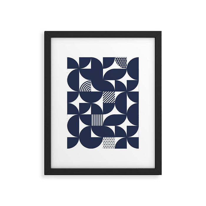 Navy Blue Mid Century Bauhaus Semi Circle Pattern Framed Art Print Gallery Image 1