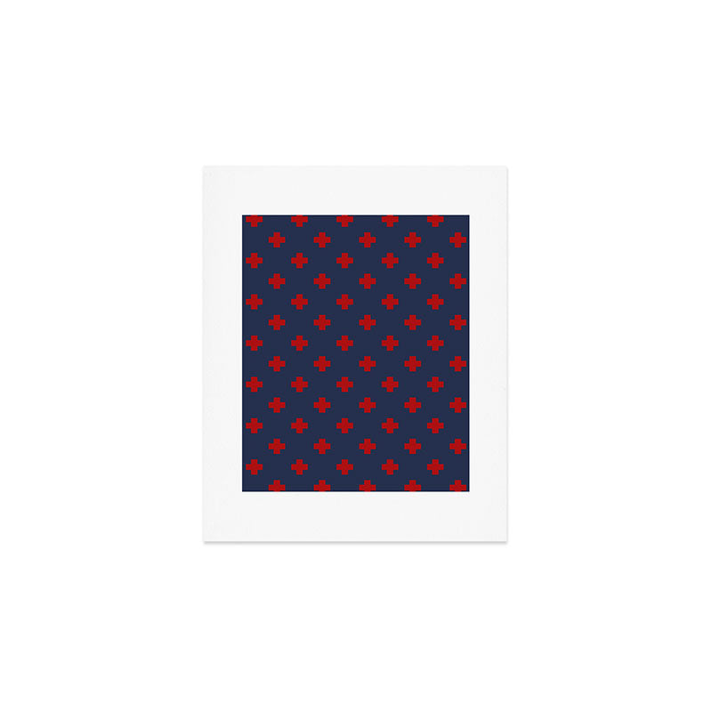 Red Swiss Cross Pattern on Navy Blue background Art Print Gallery Image 1