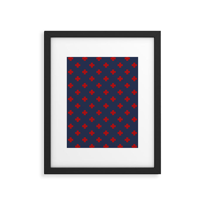 Red Swiss Cross Pattern on Navy Blue background Framed Art Print Gallery Image 1