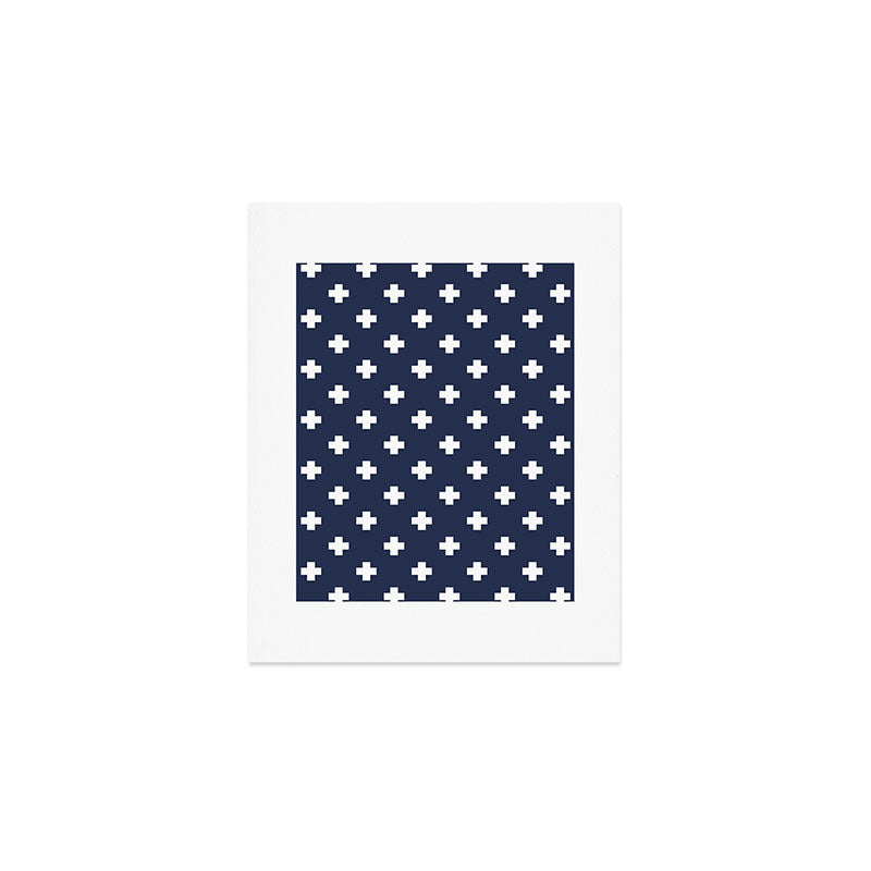 White Swiss Cross Pattern on Navy Blue background Art Print Gallery Image 1