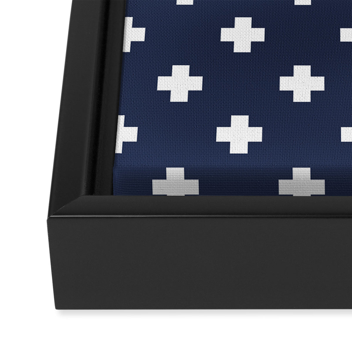 White Swiss Cross Pattern on Navy Blue background Framed Canvas Print Gallery Image 3