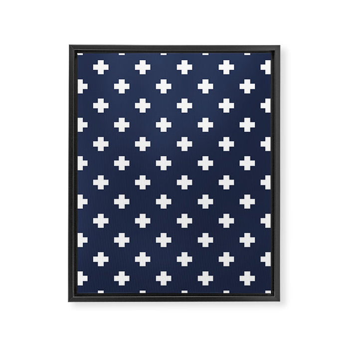 White Swiss Cross Pattern on Navy Blue background Framed Canvas Print Gallery Image 1
