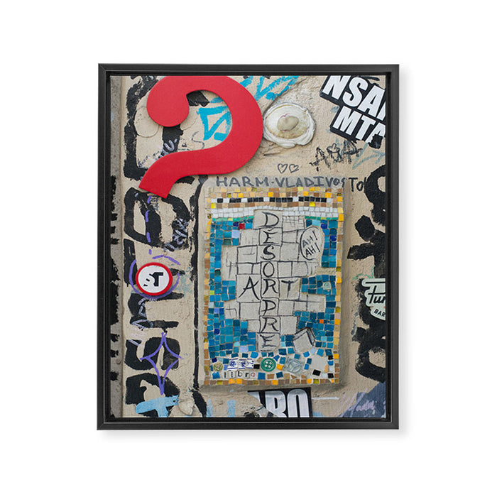 Red question mark on a wall Framed Canvas Print Gallery Image 1