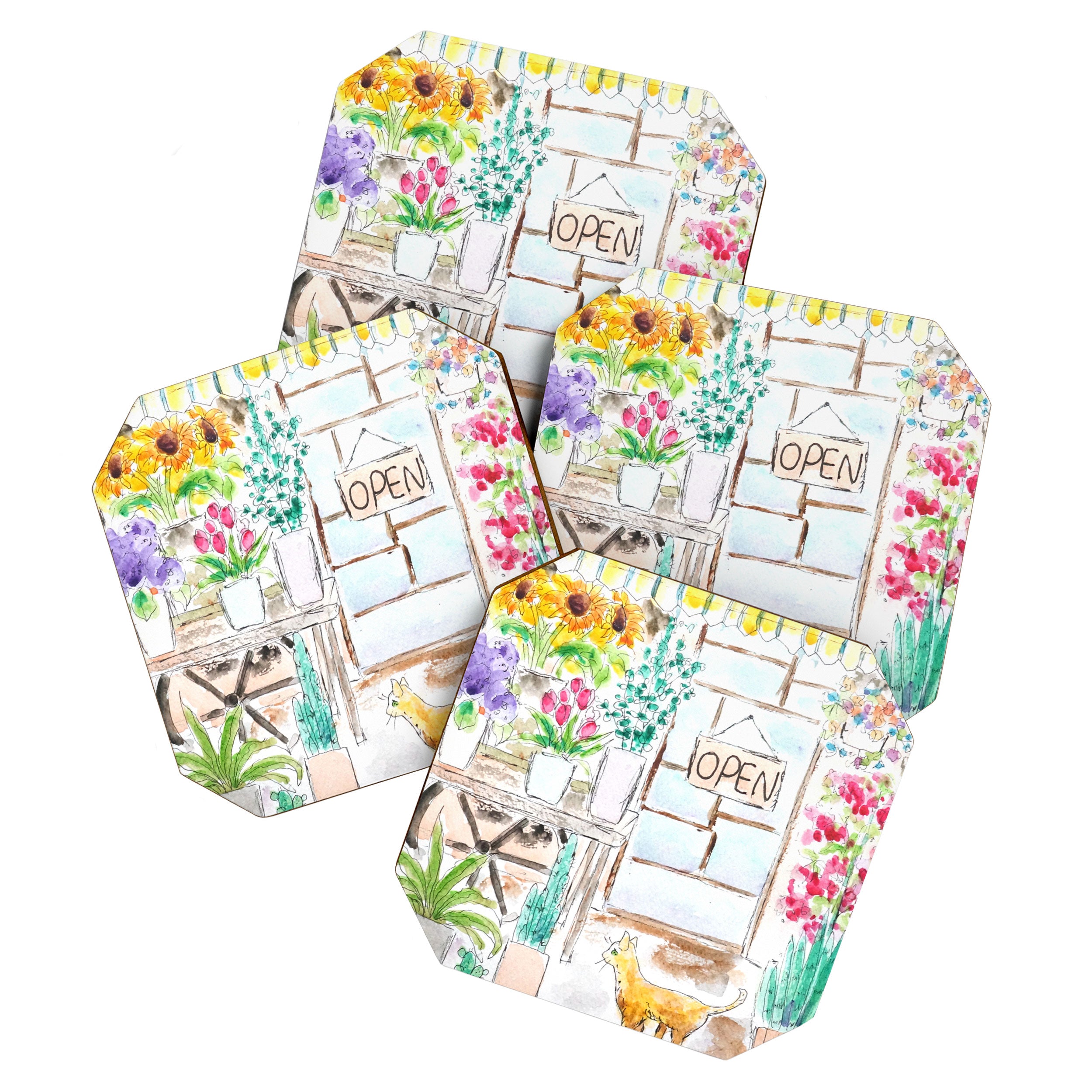 cheerful flower shop and a cat watercolor  Coaster Gallery Image 1